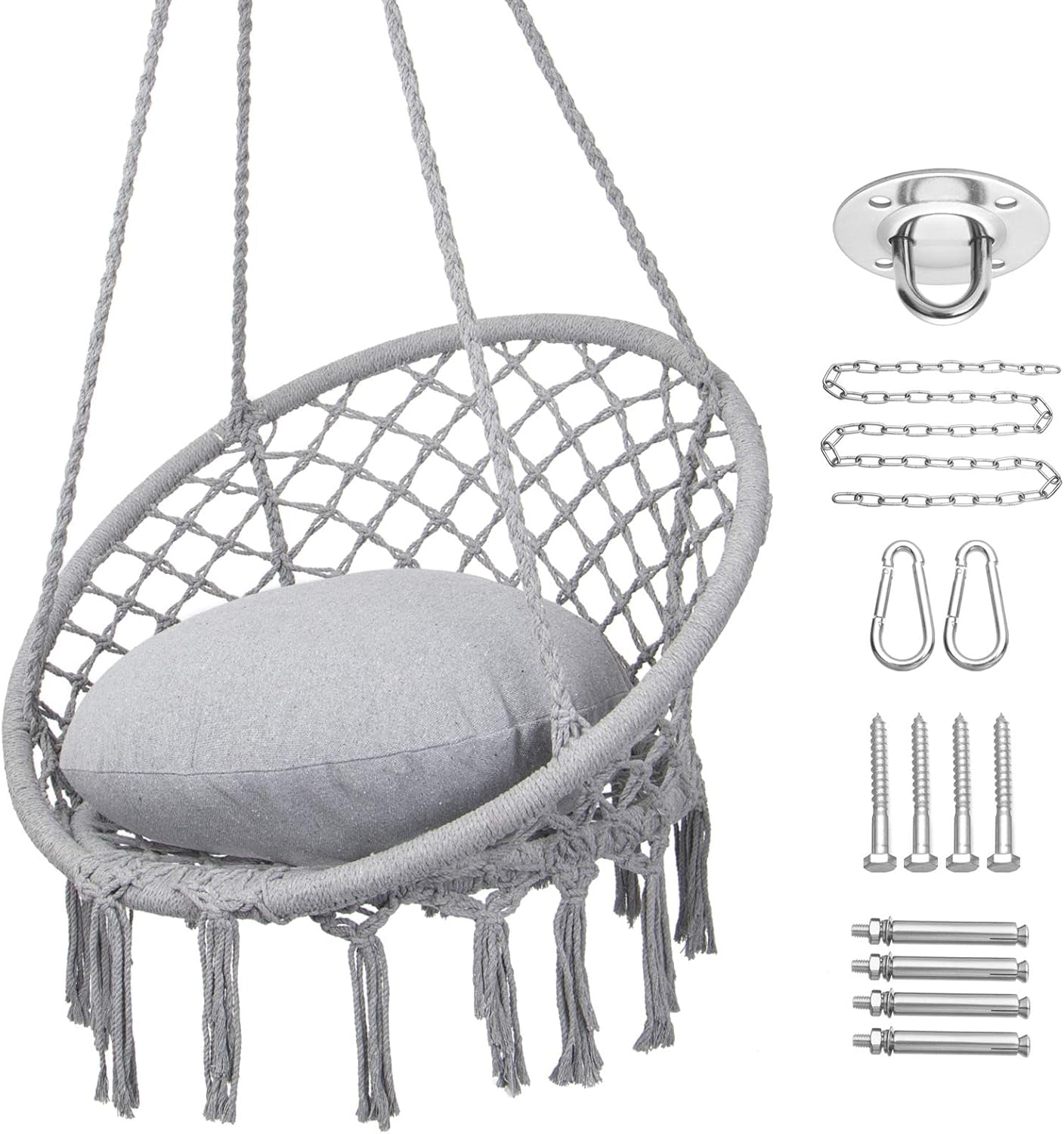 Hammock Chair Macrame Swing, Indoor/Outdoor, Light Grey