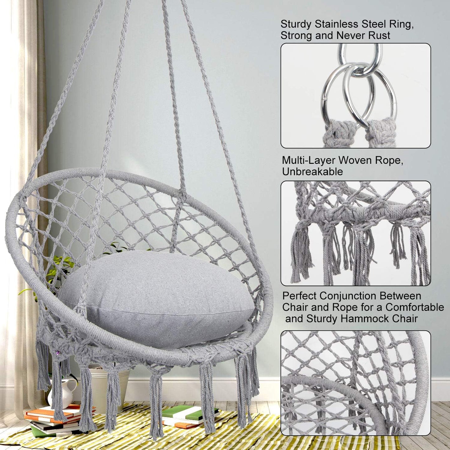 Hammock Chair Macrame Swing, Indoor/Outdoor, Light Grey