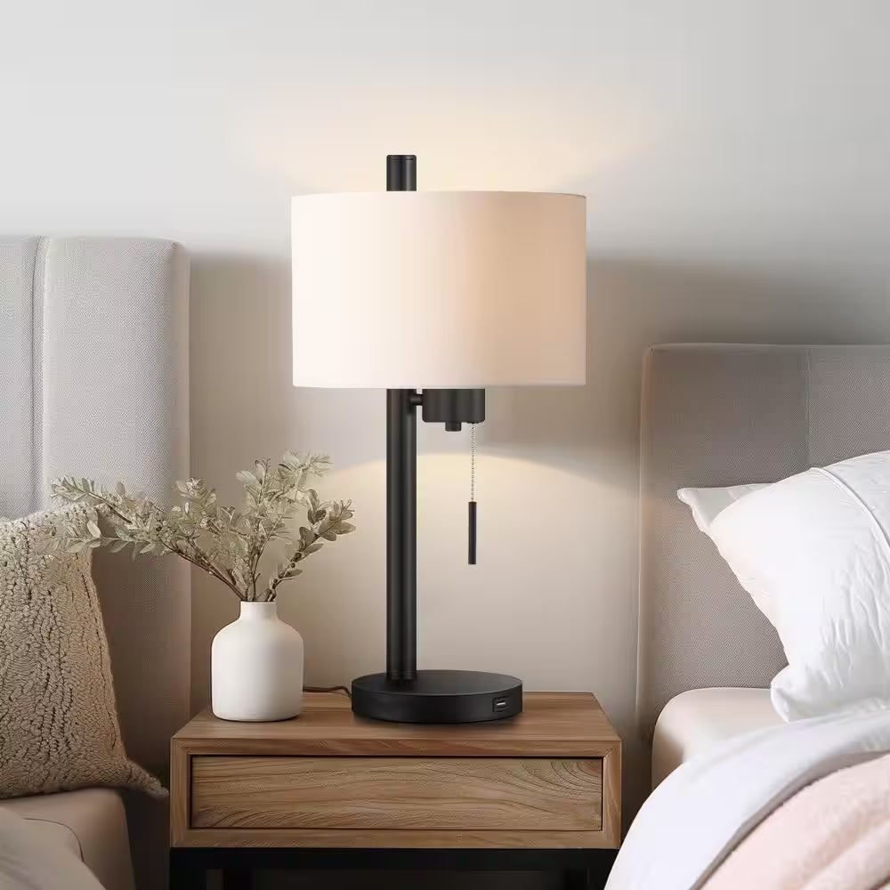 Forge Modern Table Lamp w/USB Port, Black w/White Linen Shade