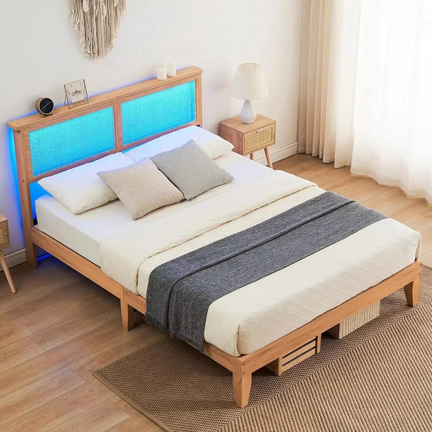 Villa Bed Frame with Natural Rattan Headboard, Queen w/LED Lights