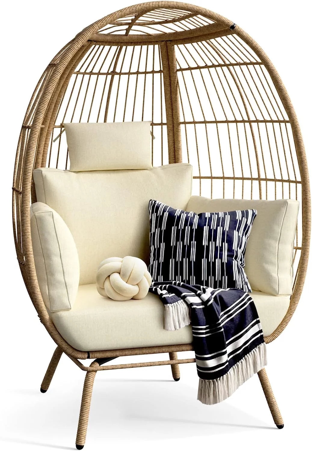 Egg Chair Outdoor Indoor Oversized Lounger with Stand and Cushions Egg Basket Chair for Patio Backyard Porch - Beige