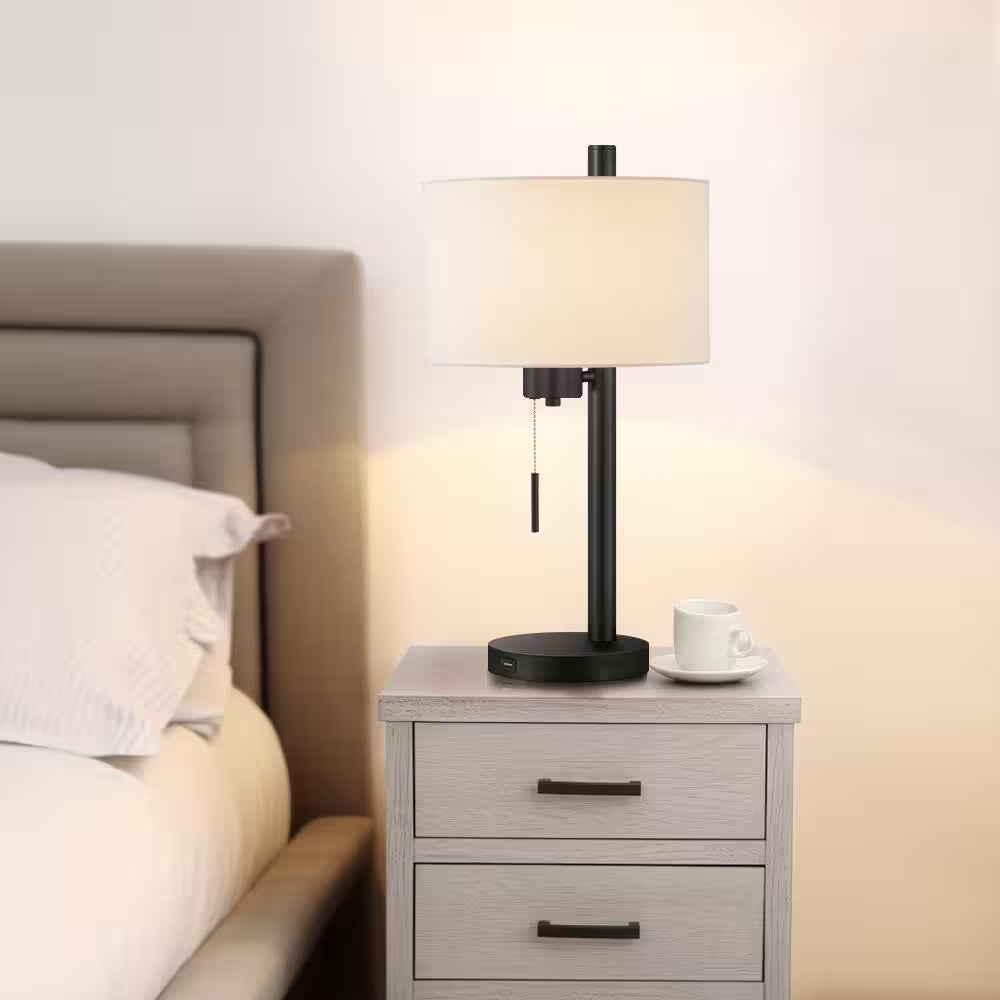 Forge Modern Table Lamp w/USB Port, Black w/White Linen Shade