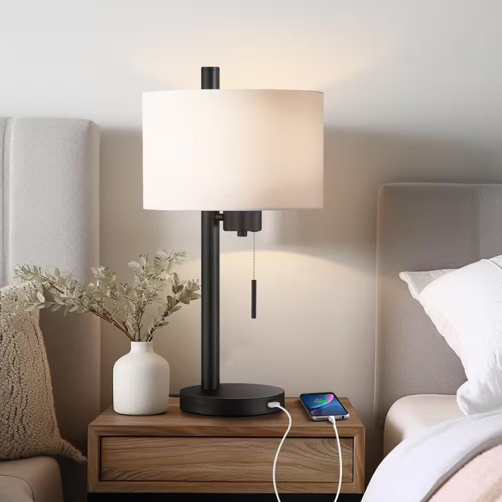 Forge Modern Table Lamp w/USB Port, Black w/White Linen Shade