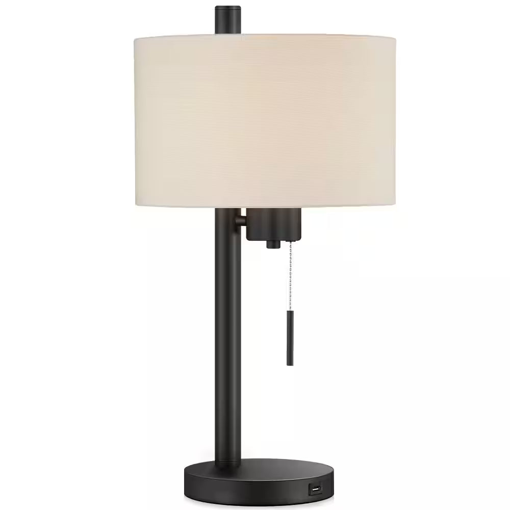 Forge Modern Table Lamp w/USB Port, Black w/White Linen Shade