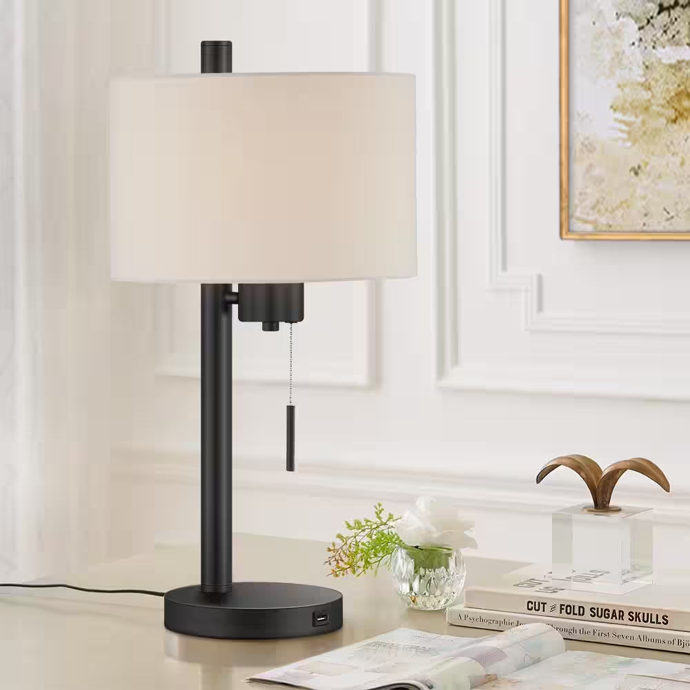 Forge Modern Table Lamp w/USB Port, Black w/White Linen Shade