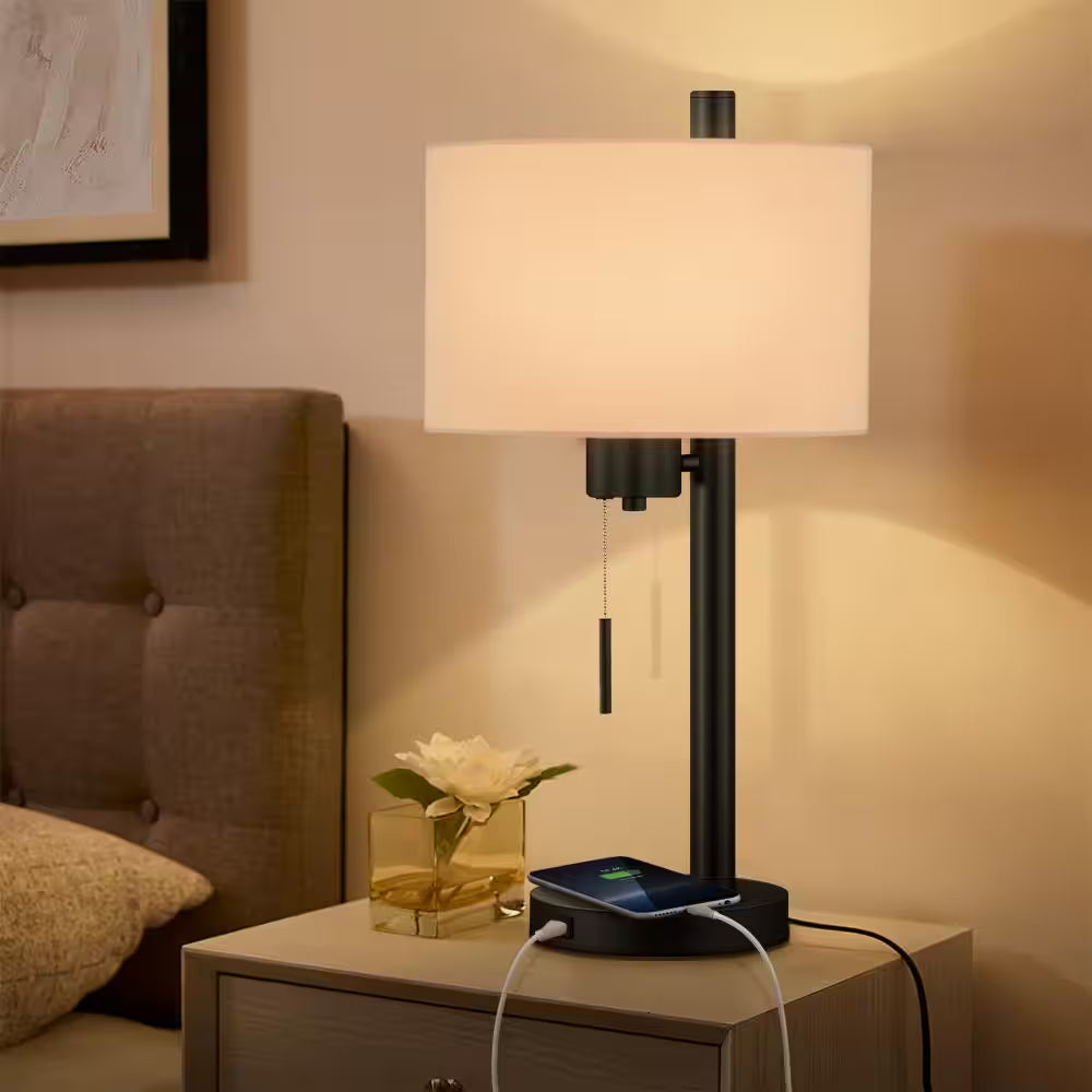 Forge Modern Table Lamp w/USB Port, Black w/White Linen Shade