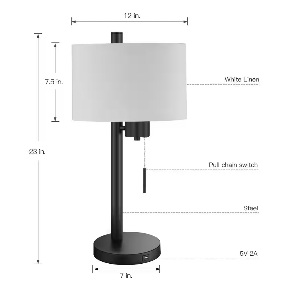 Forge Modern Table Lamp w/USB Port, Black w/White Linen Shade