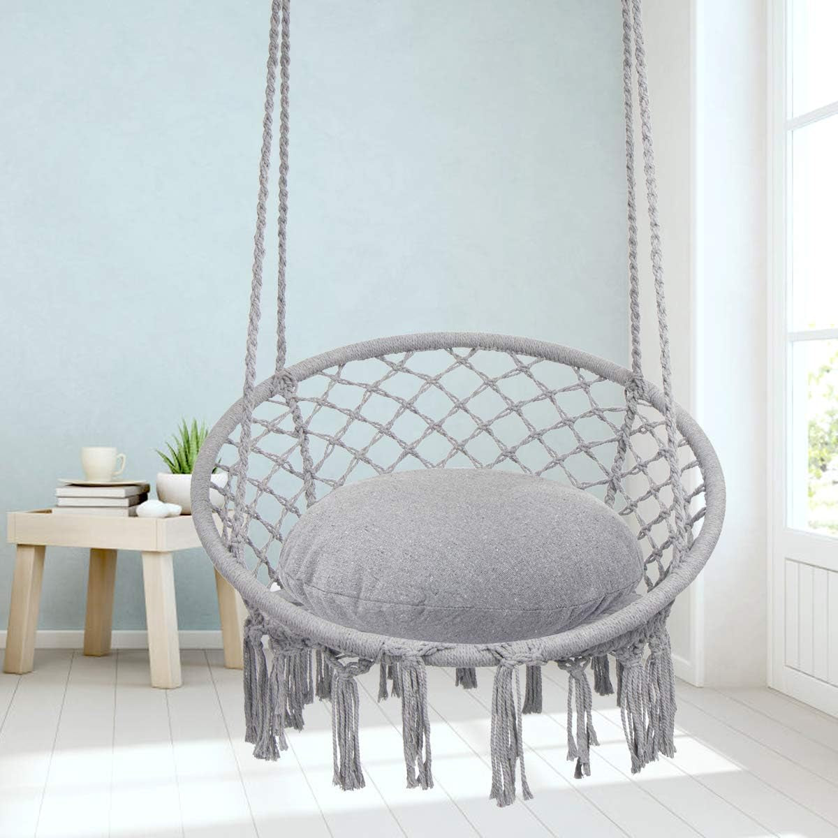 Hammock Chair Macrame Swing, Indoor/Outdoor, Light Grey