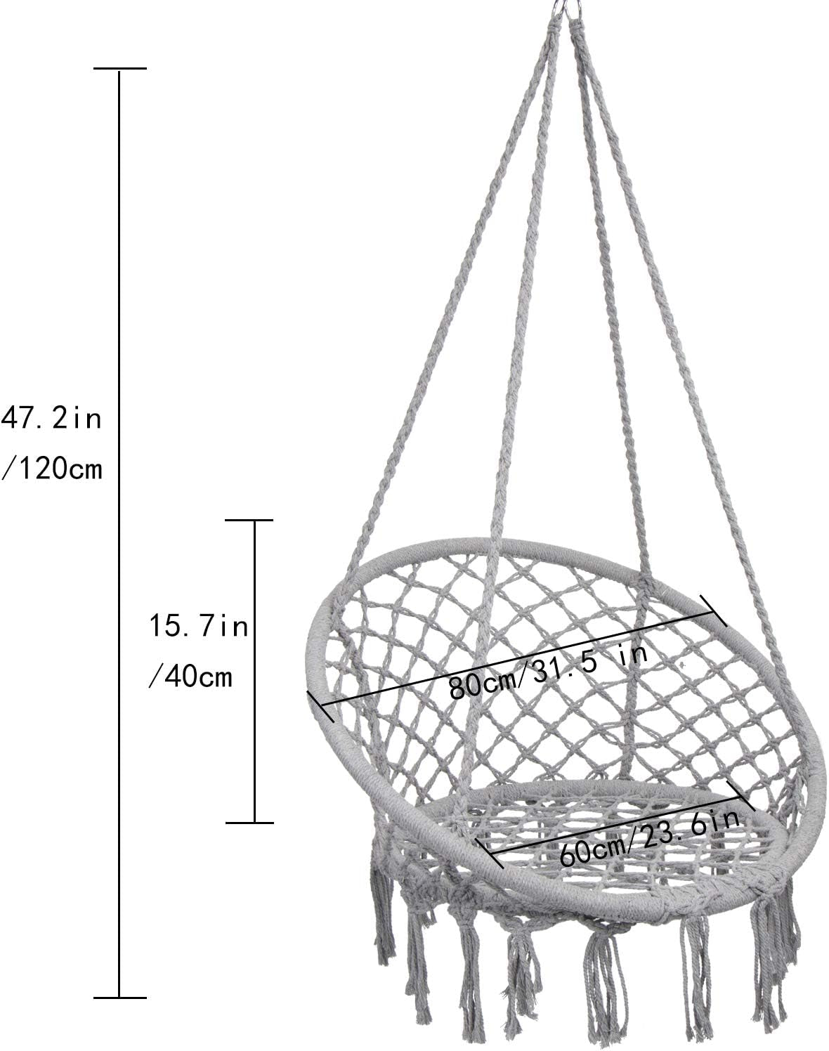 Hammock Chair Macrame Swing, Indoor/Outdoor, Light Grey